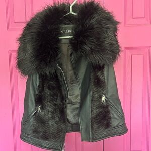 Guess Black Leather Jacket with Plush Fur Collar